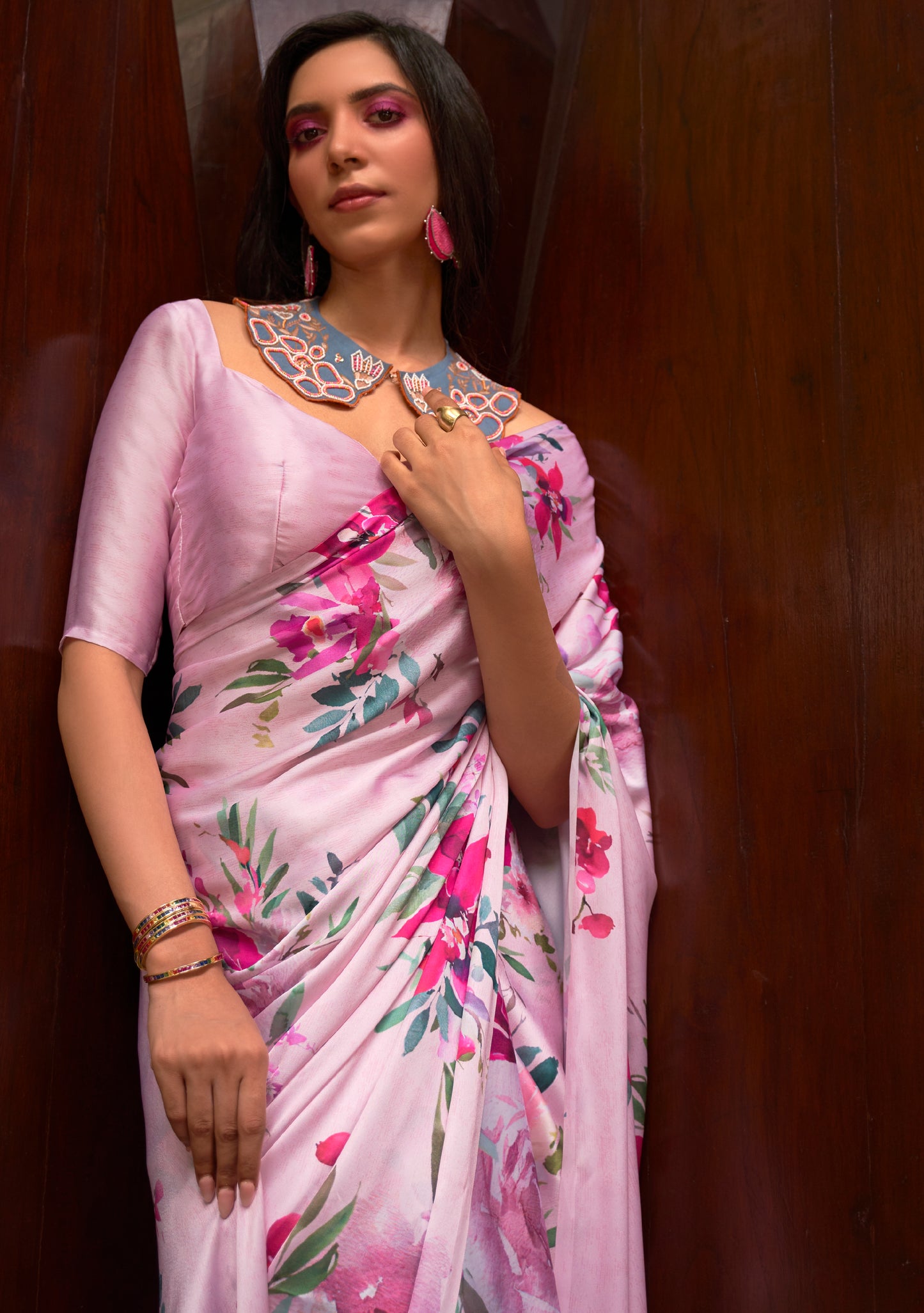 Blush Pink Floral Printed Satin Crepe Silk Saree