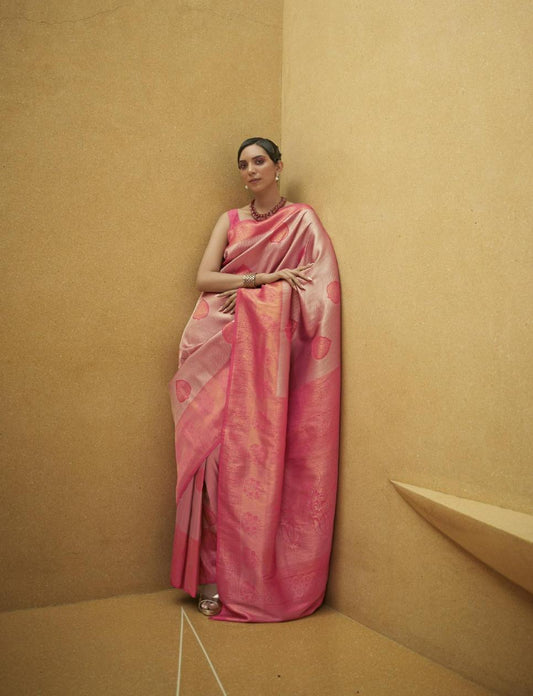 Watermelon Pink Kanjivaram Handloom Silk Saree