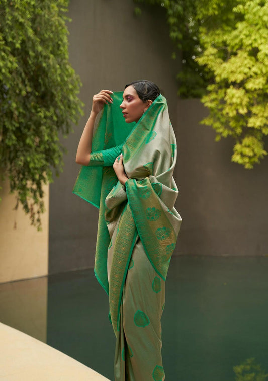 Green & Grey Zari Woven Kanjivaram Handloom Silk Saree