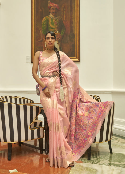 Lemonade Pink Kashmiri Weaved Jamewar Saree