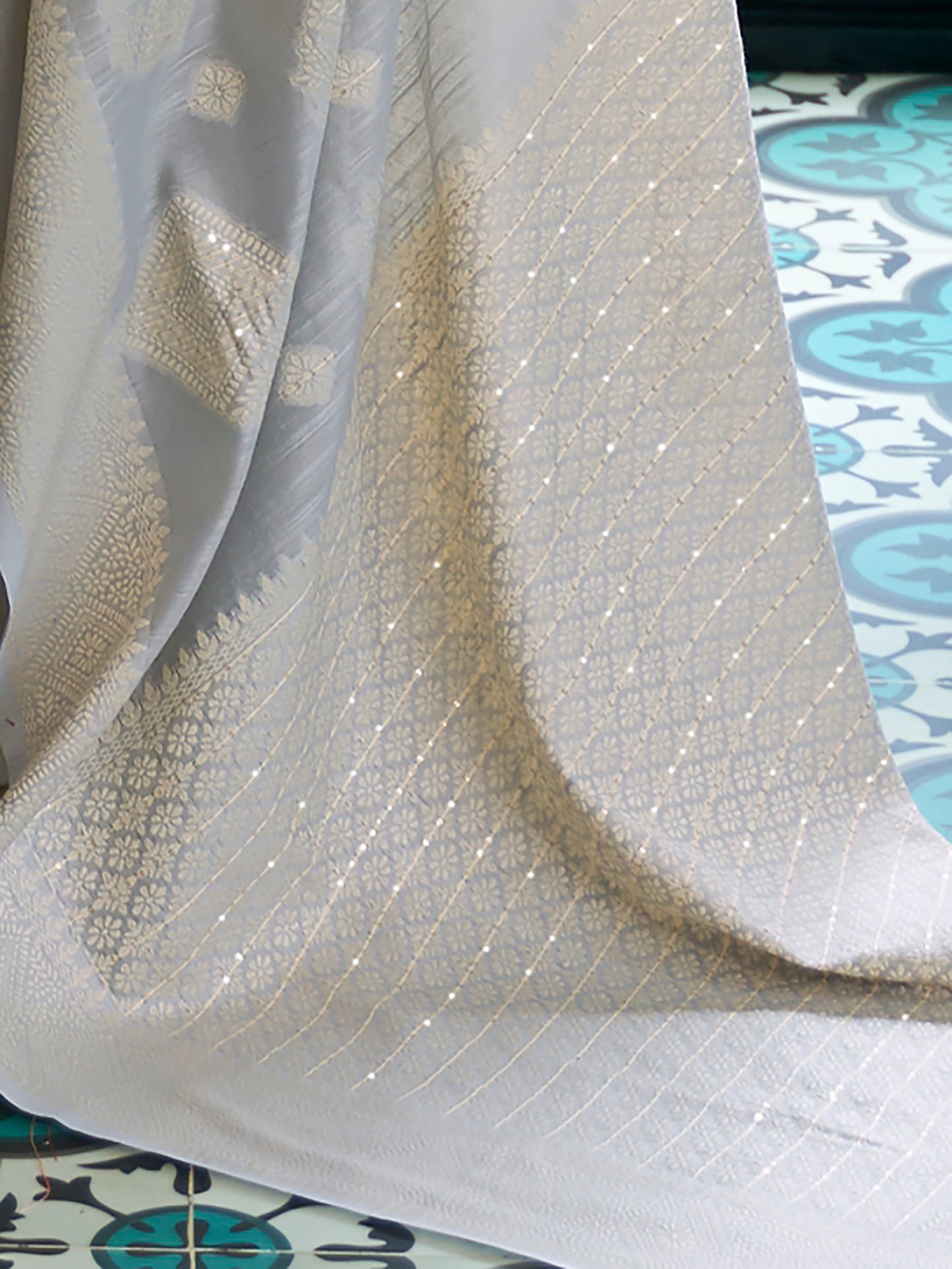 Dove Grey Weaved Lucknowi Chikankari Saree