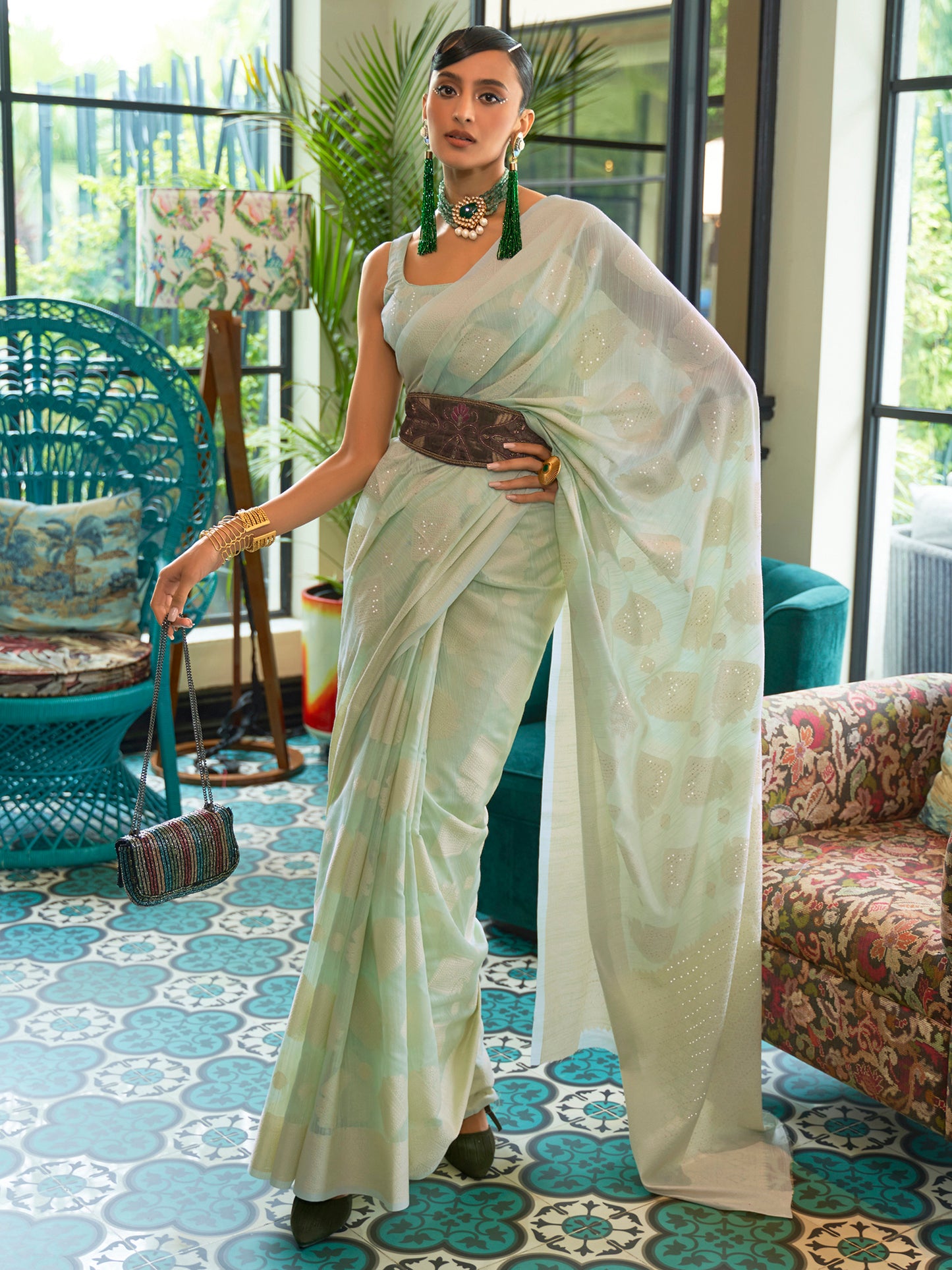 Pastel Olive Green Weaved Lucknowi Chikankari Saree