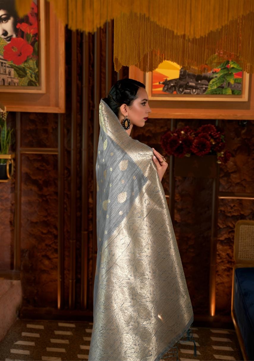 Smoke Grey Handloom Woven Silk Saree