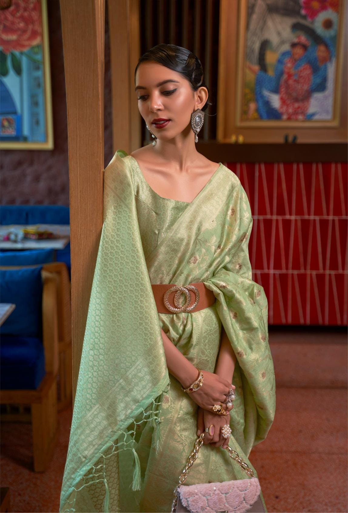 Summer Green Zari Woven Handloom Tussar Silk Saree