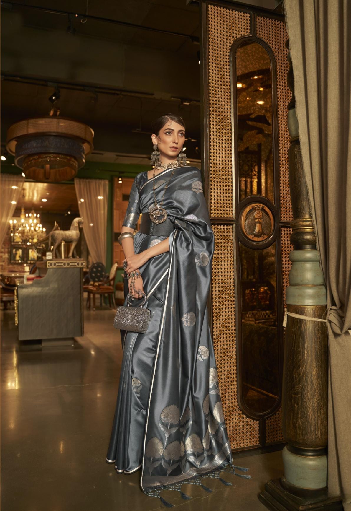 Steel Grey Satin Silk Saree With Carnation Dual Zari Motifs