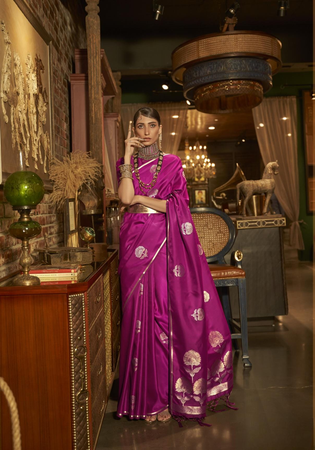 Rani Pink Satin Silk Saree With Carnation Dual Zari Motifs