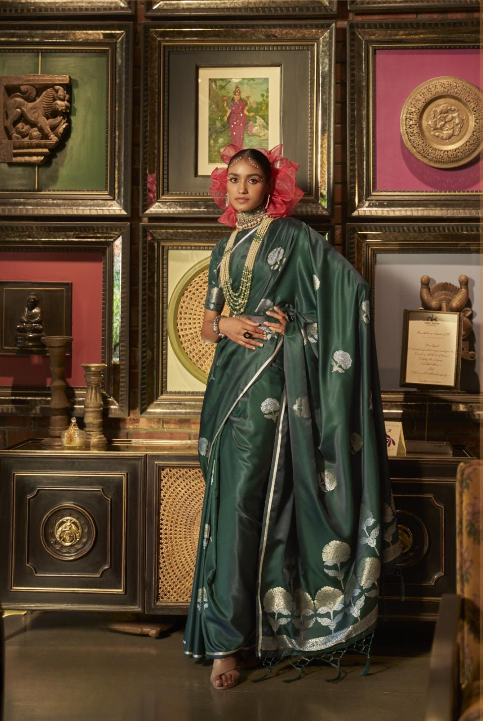 Juniper Green Satin Silk Saree With Carnation Dual Zari Motifs