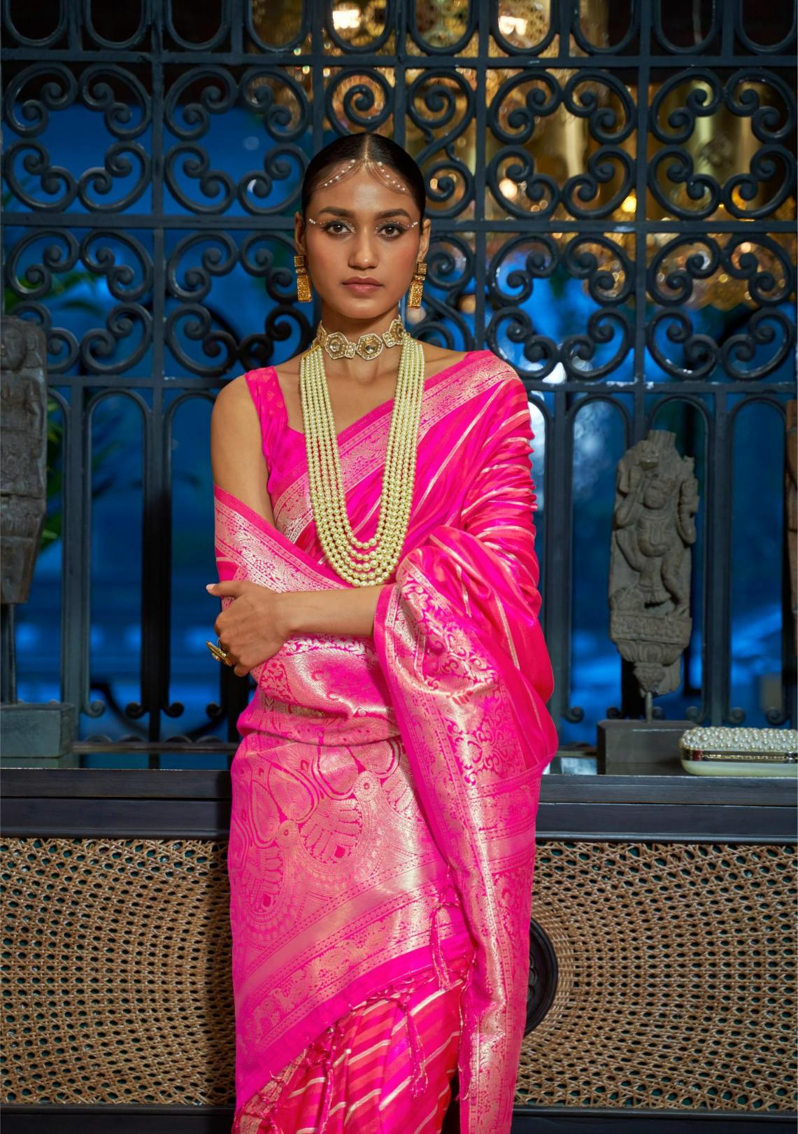 Hot Pink Striped Satin Silk Saree