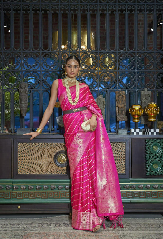 Hot Pink Striped Satin Silk Saree