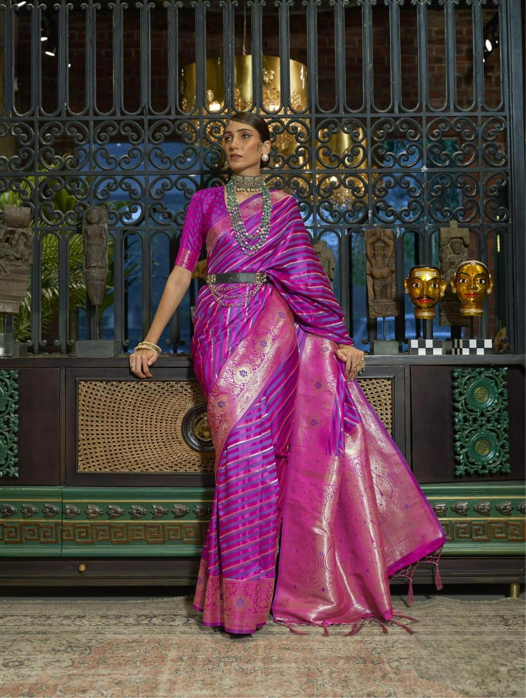 Bright Purple Striped Satin Silk Saree