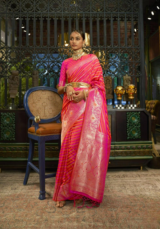 Bright Pink & Orange Striped Satin Silk Saree