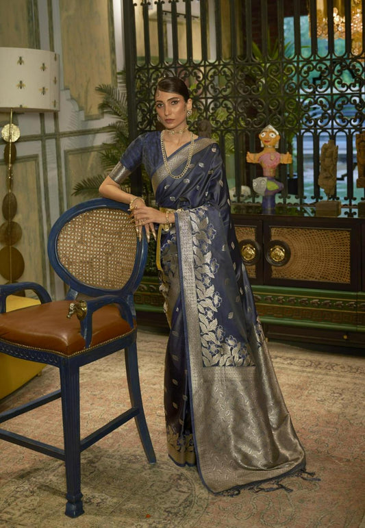 Denim Blue Brocade Woven Satin Silk Saree