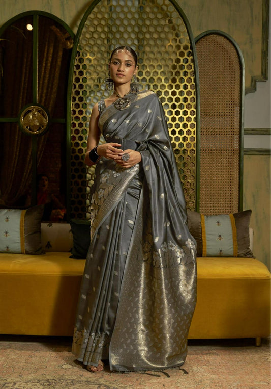 Ash Grey Brocade Woven Satin Silk Saree