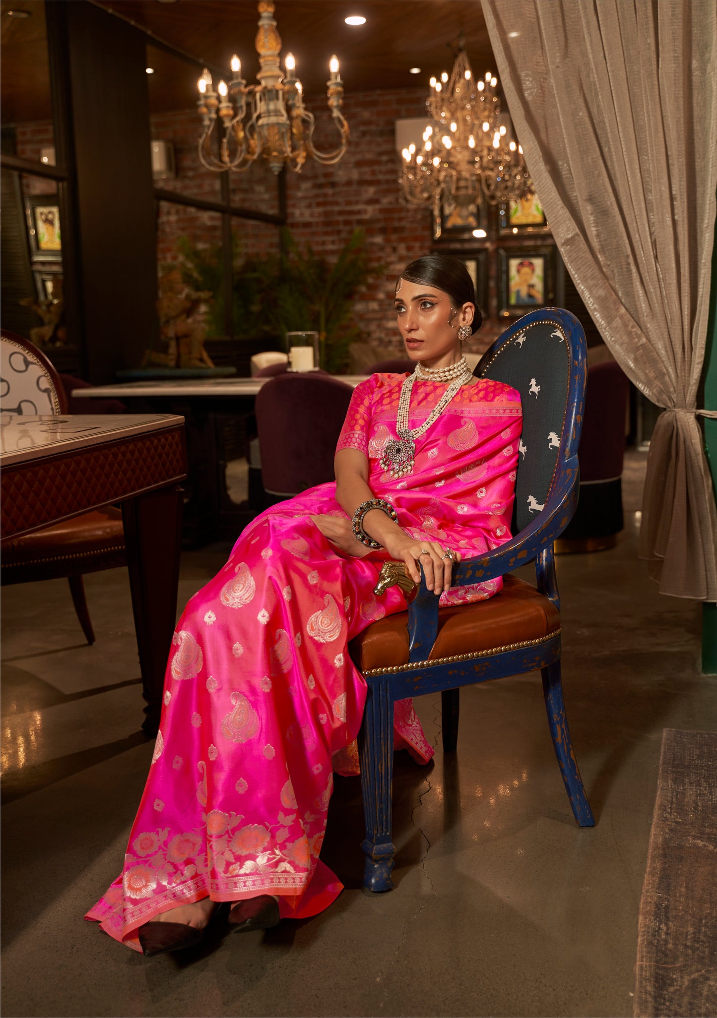 Hot Pink Satin Silk Saree