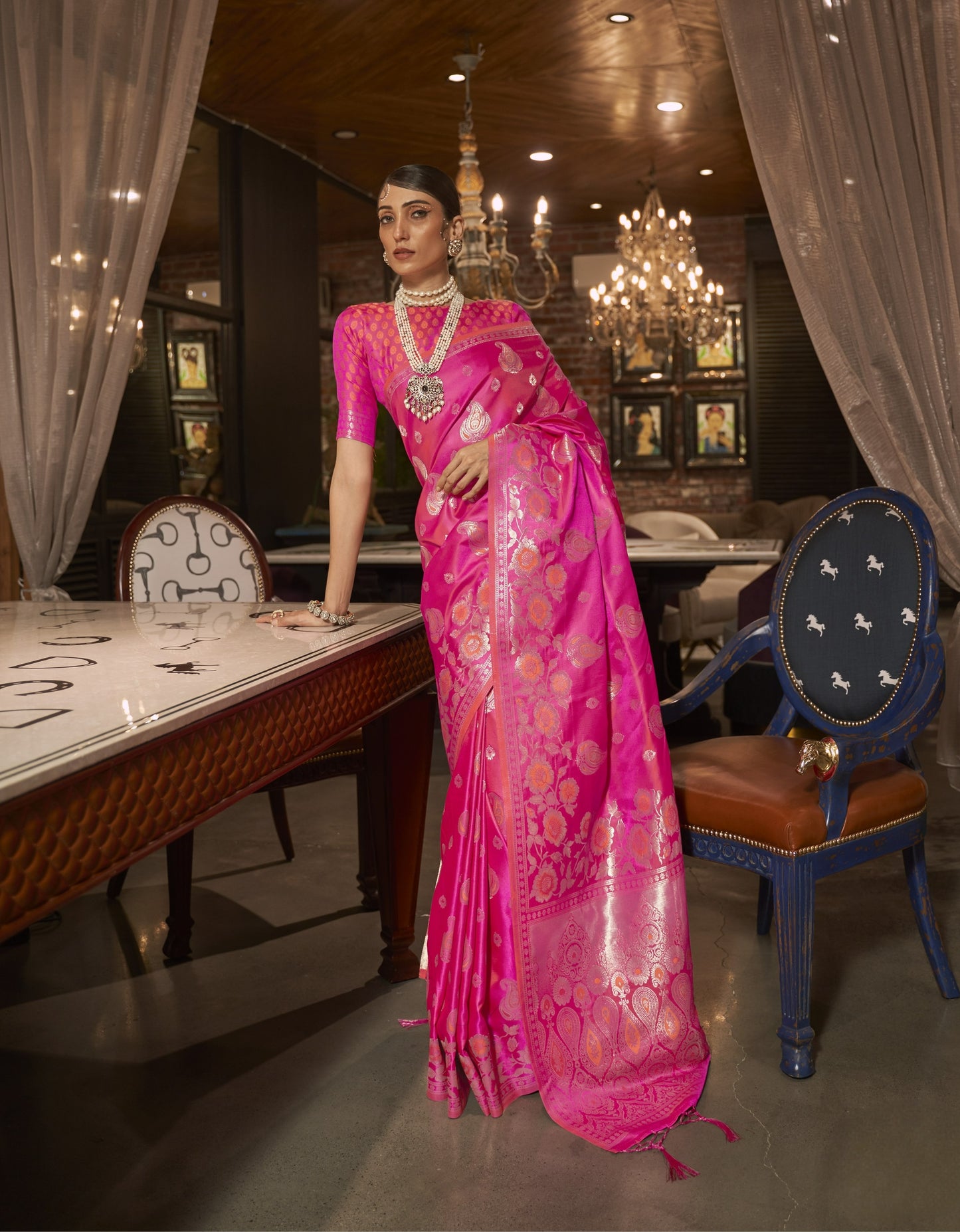 Hot Pink Satin Silk Saree