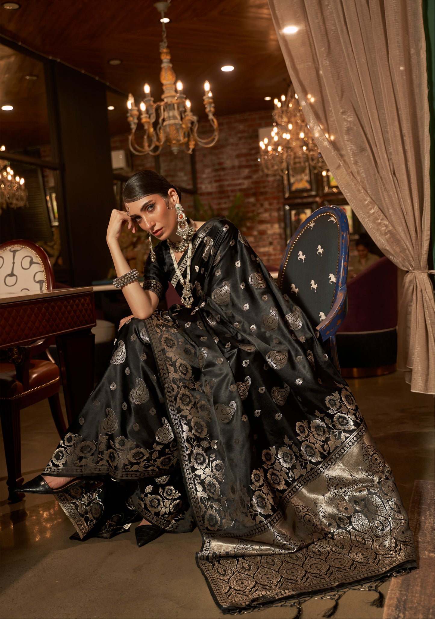 Soot Black Satin Silk Saree