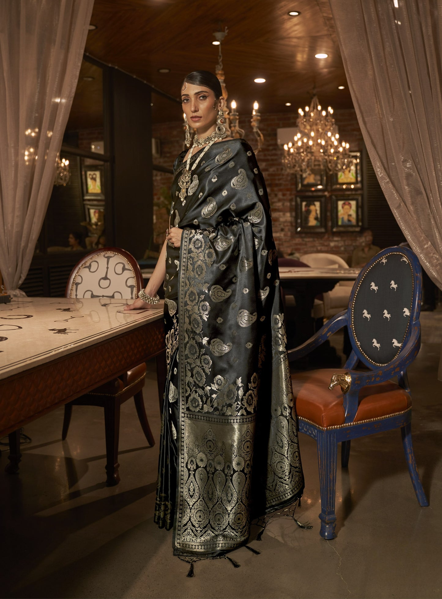 Soot Black Satin Silk Saree