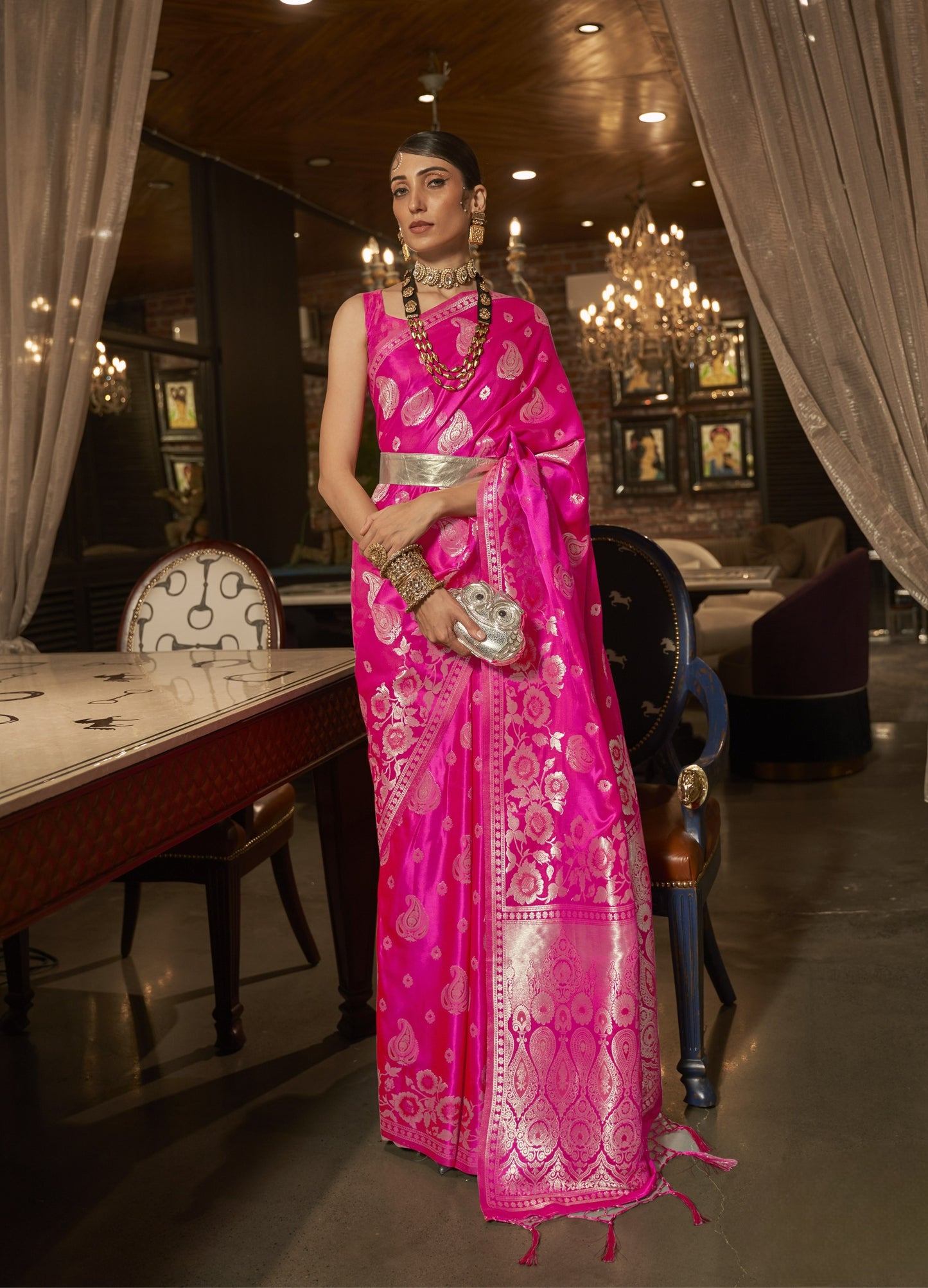 Fuschia Pink Satin Silk Saree