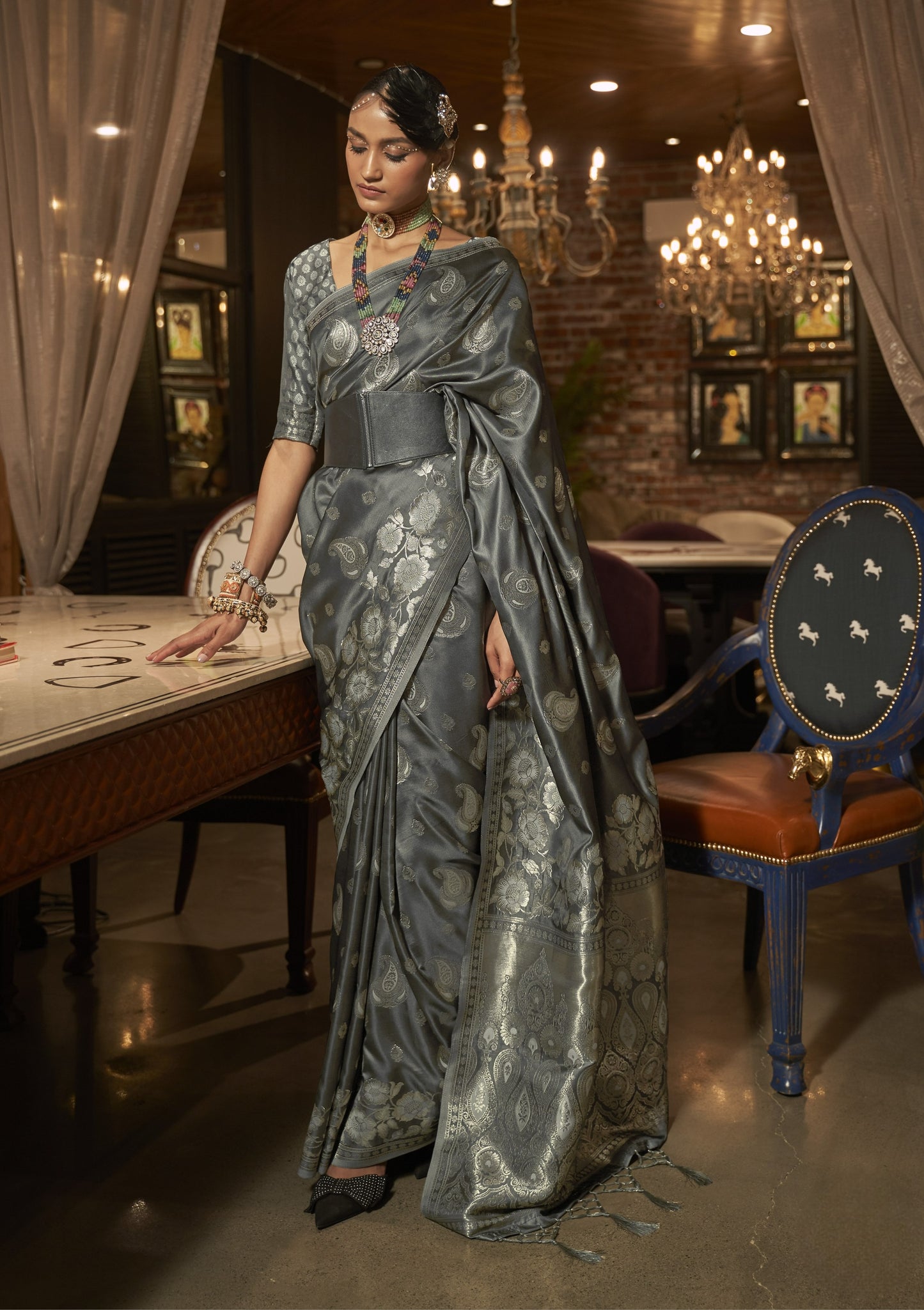 Metal Grey Satin Silk Saree