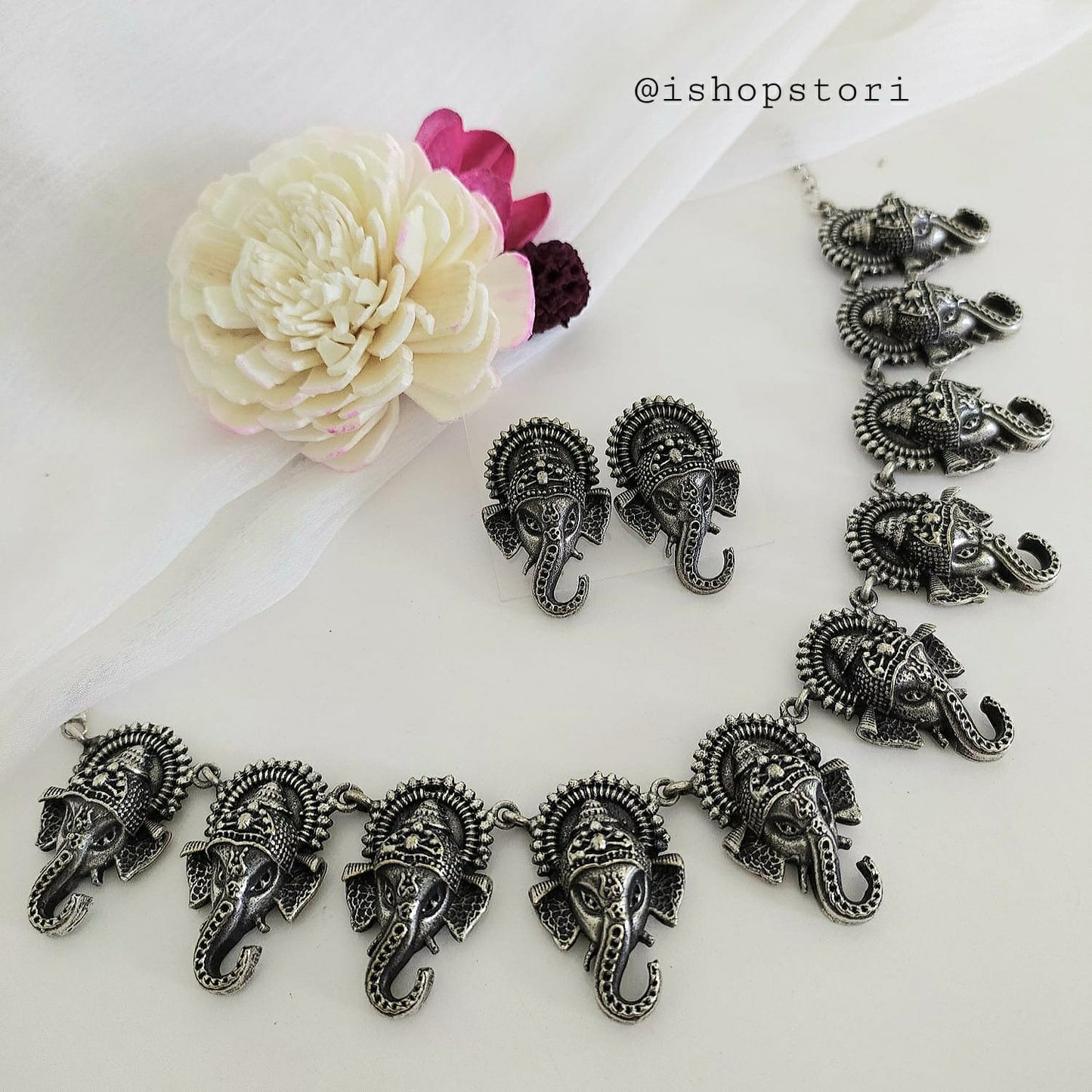 Ganesha Oxidised Necklace Set with Silver Polish