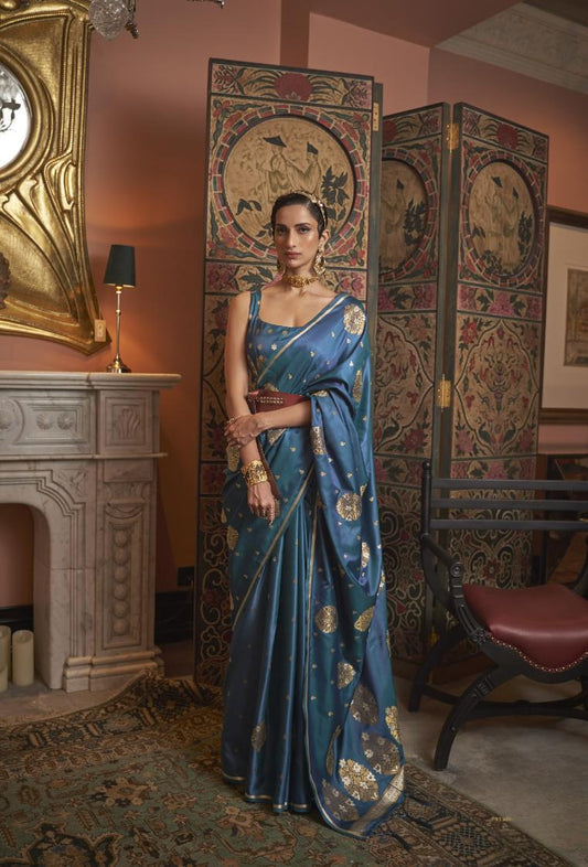 Spruce Blue Satin Silk Saree