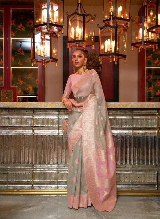 Grey & Pink Handloom Woven Linen Saree