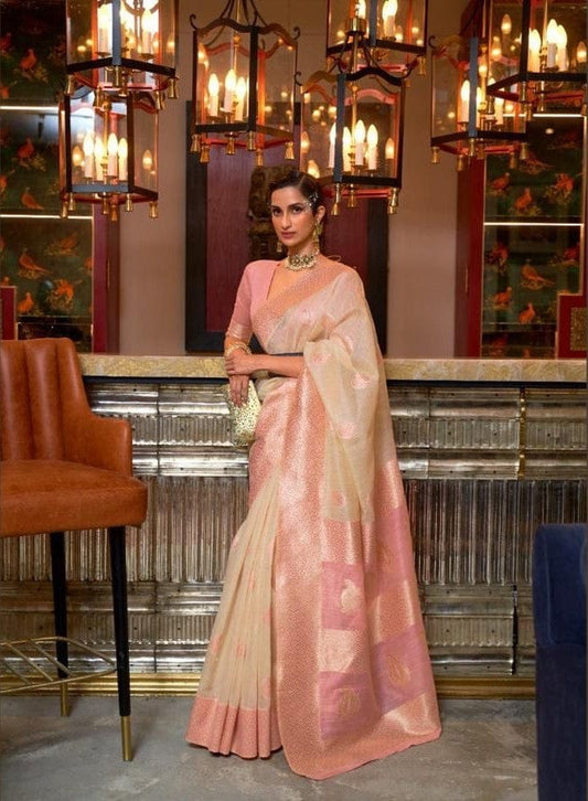 Almond Brown & Pink Handloom Woven Linen Saree