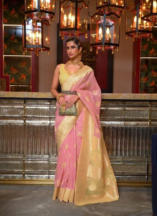 Light Pink Handloom Woven Linen Saree