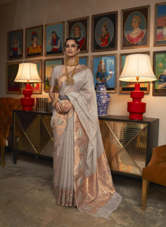 Filtered Grey Copper Zari Woven Modal Silk Saree