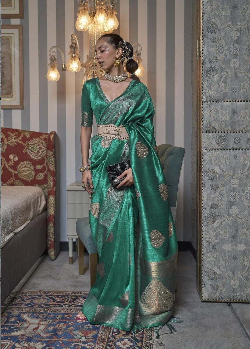 Fern Green Copper Zari Woven Handloom Tussar Silk Saree