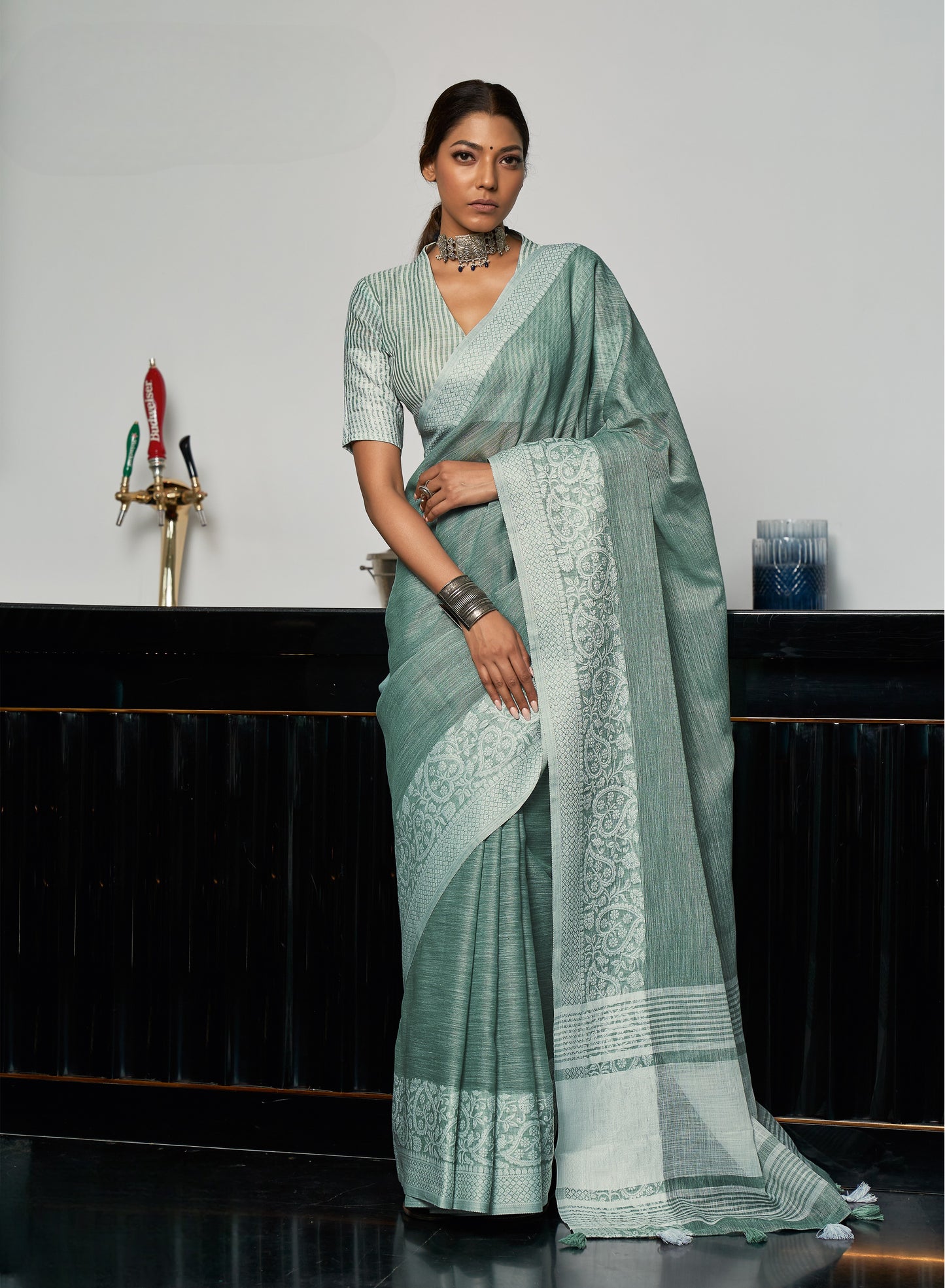 Seafoam Blue Woven Border Linen Saree