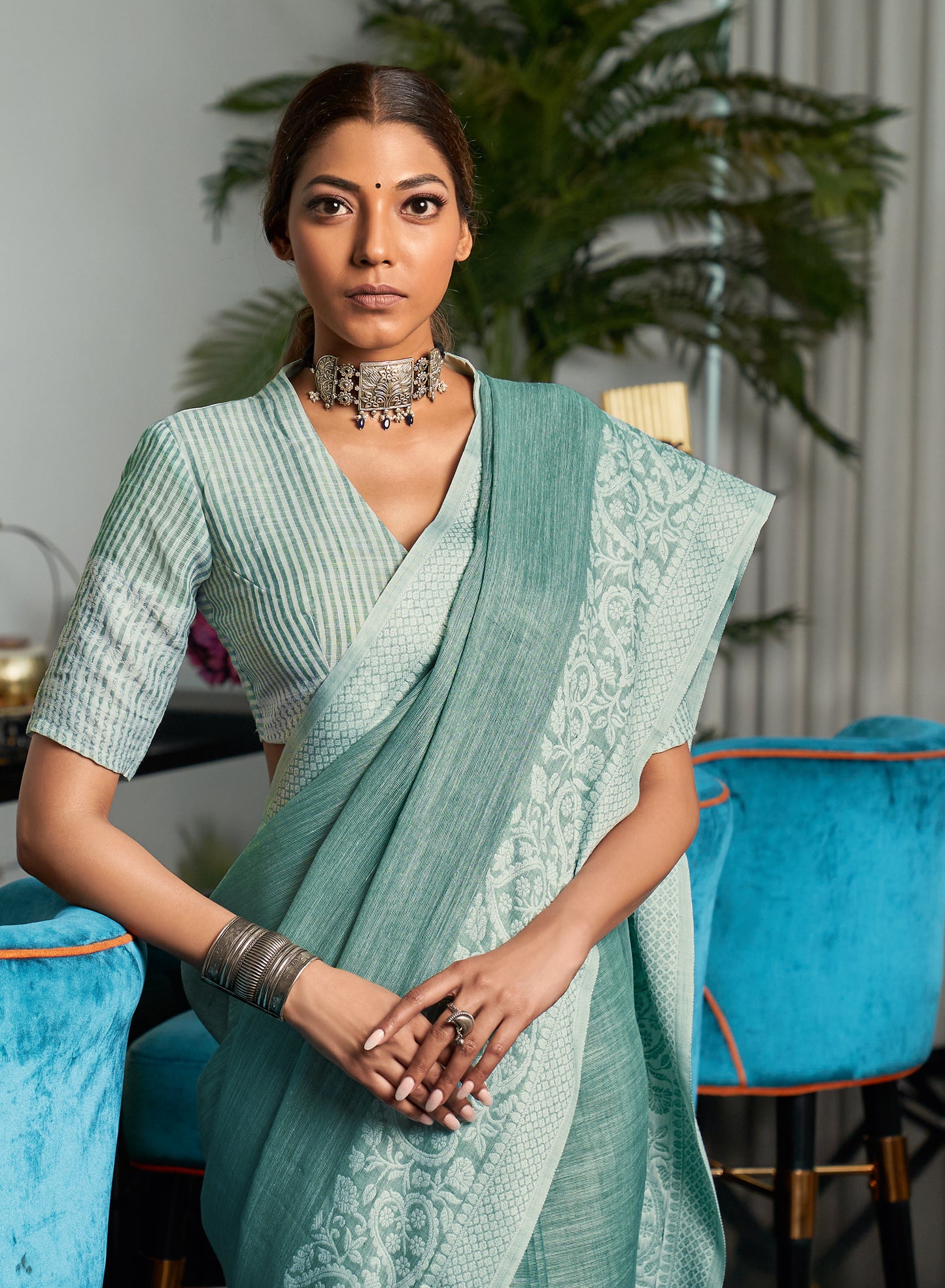 Seafoam Blue Woven Border Linen Saree