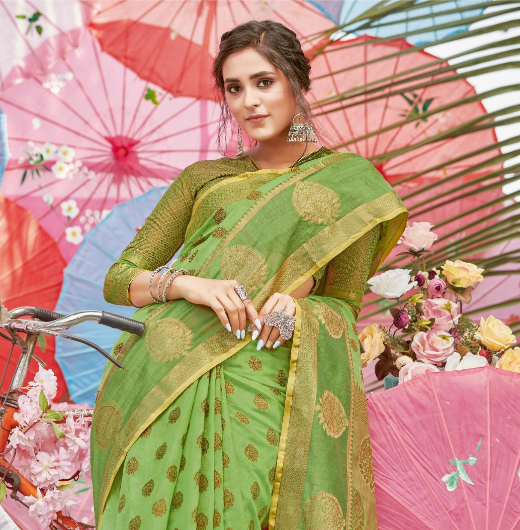 Parrot Green Handloom Weaved Cotton Saree