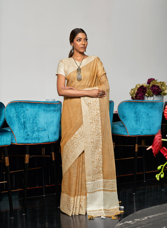 Latte Brown Woven Border Linen Saree