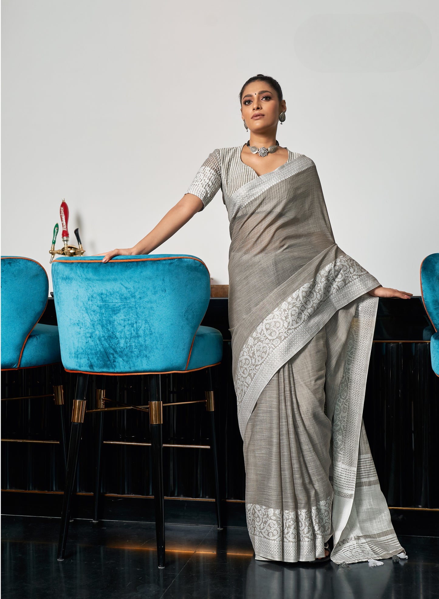 Silver Grey Woven Border Linen Saree