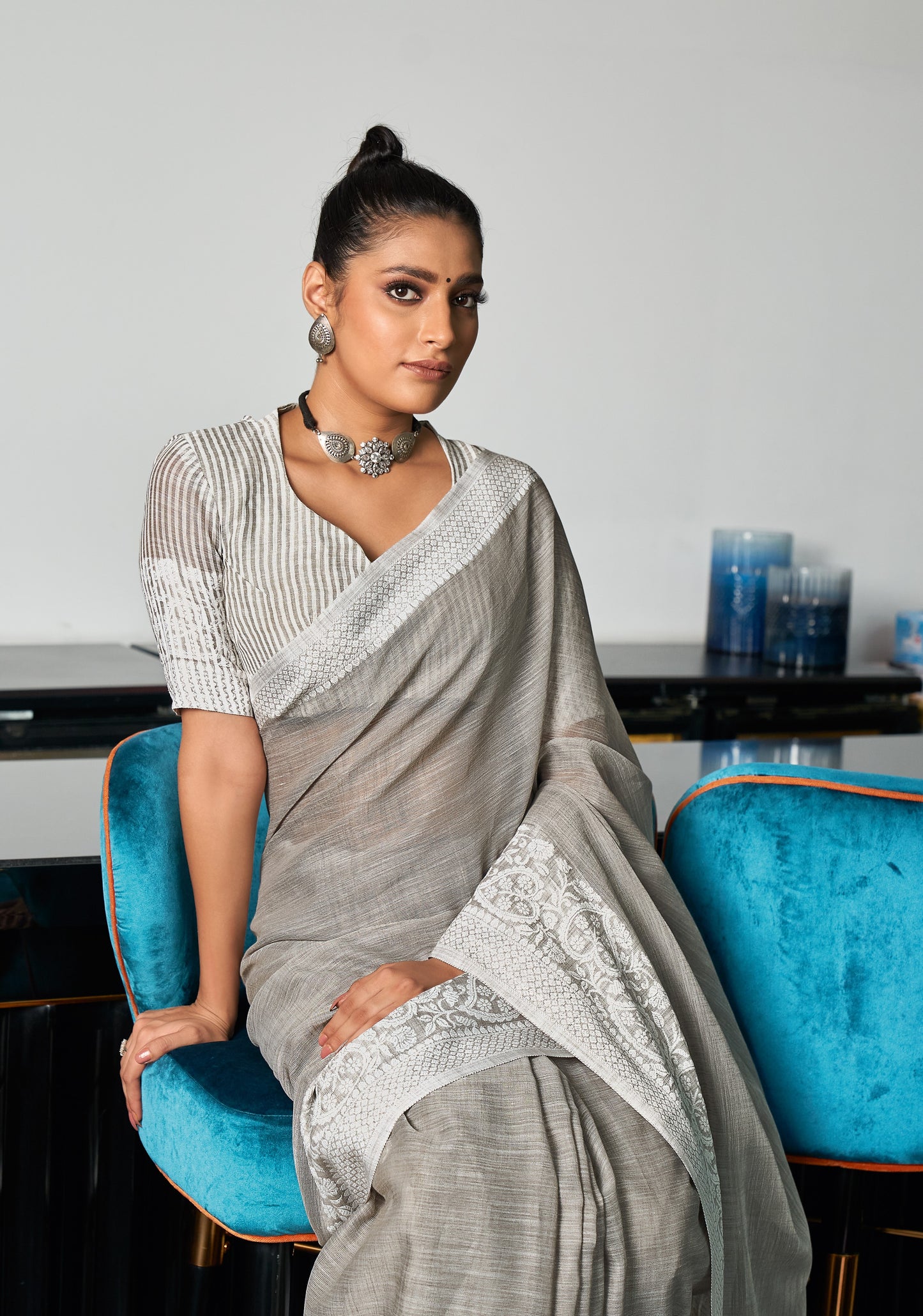 Silver Grey Woven Border Linen Saree