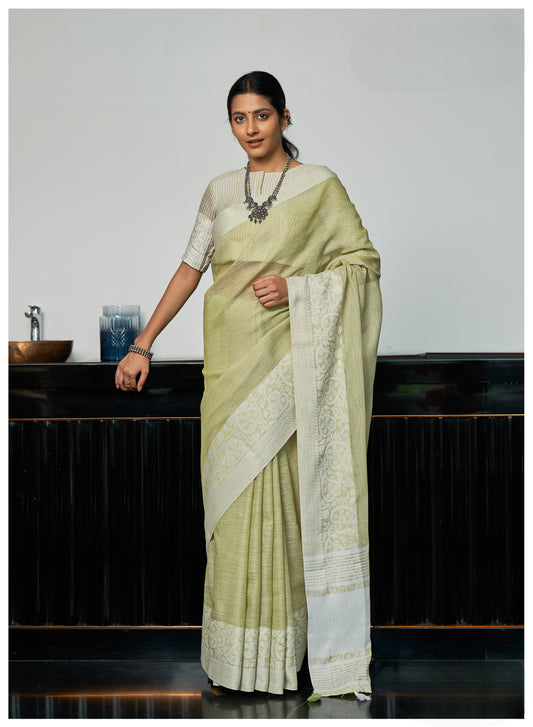 Pista Green Woven Border Linen Saree