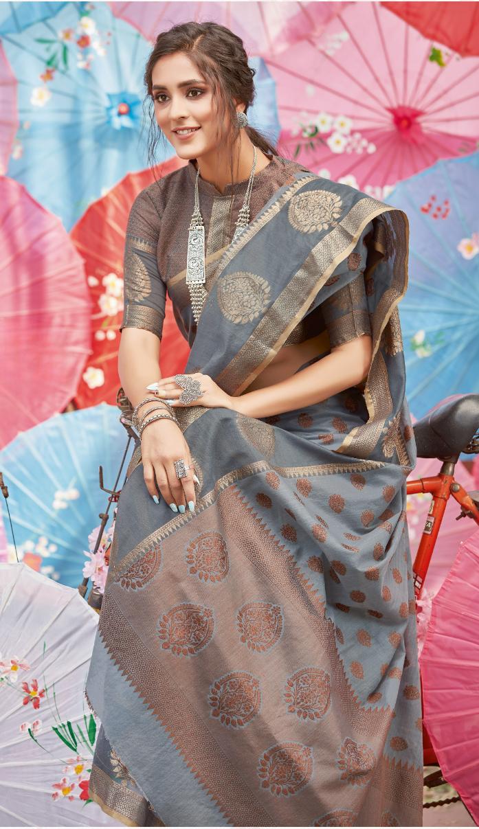 Ash Grey Handloom Weaved Cotton Saree