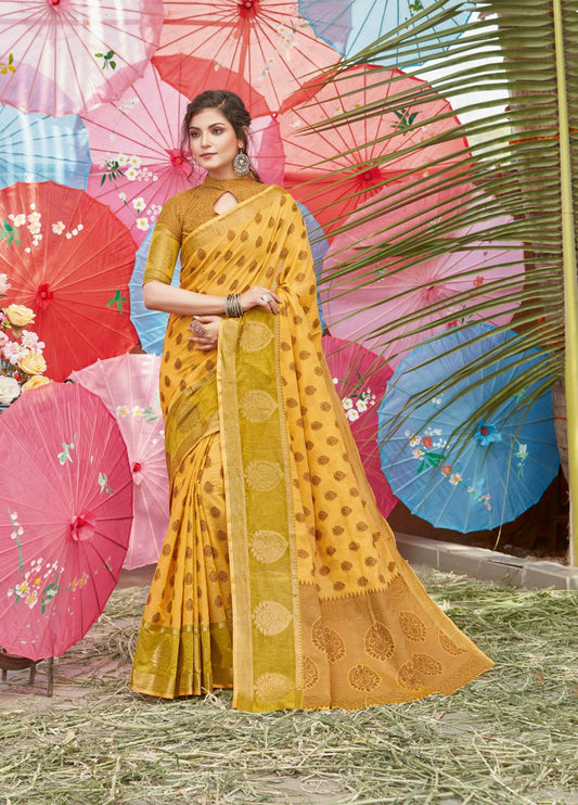 Mustard Yellow Handloom Weaved Cotton Saree