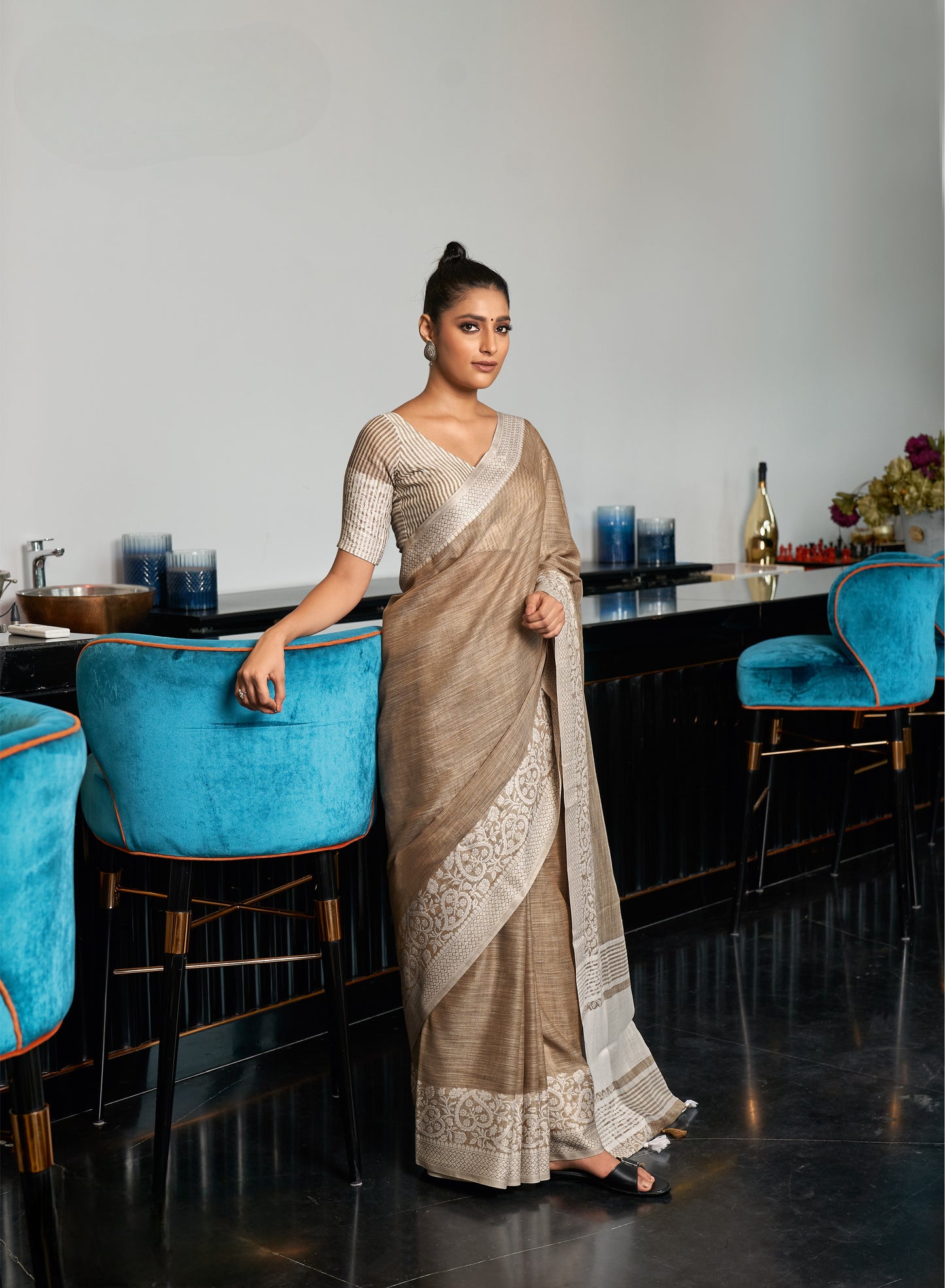 Berry Brown Woven Border Linen Saree