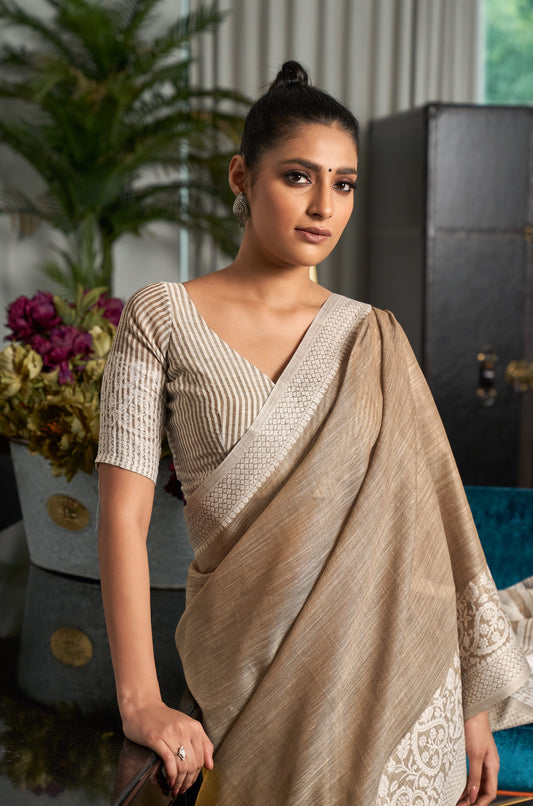 Berry Brown Woven Border Linen Saree