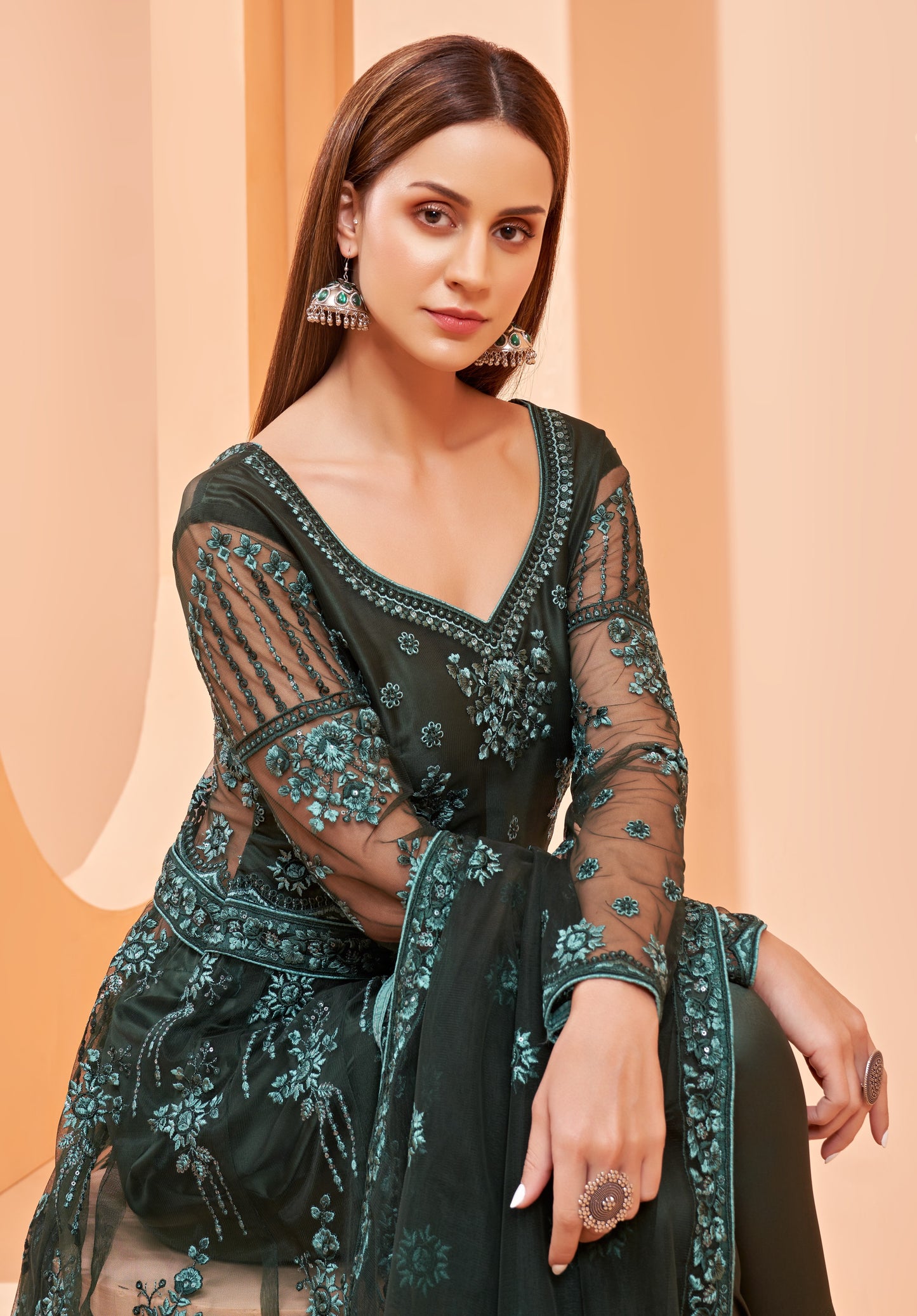 Dark Seaweed Green Heavy Embroidered Net Anarkali Gown