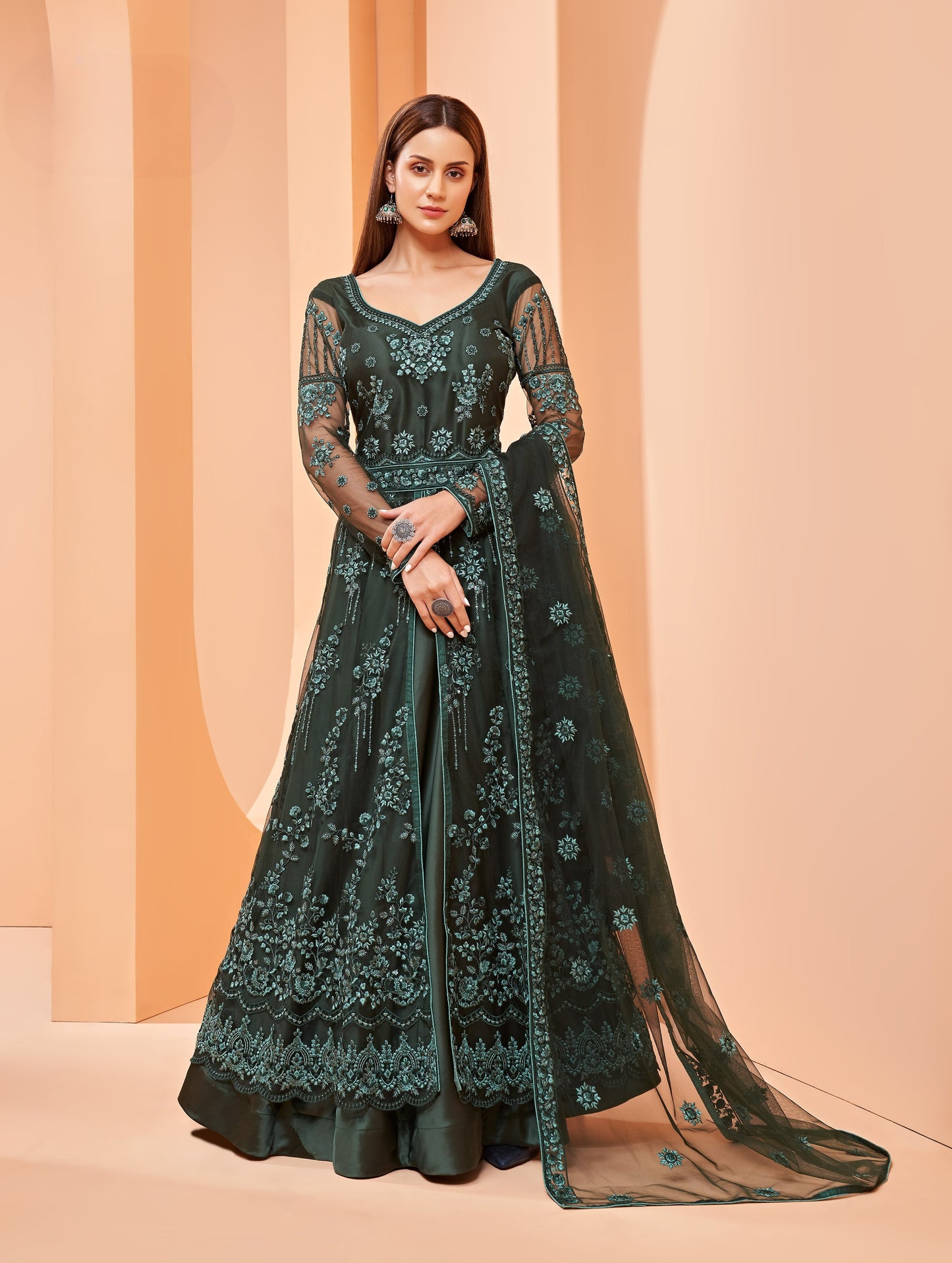 Dark Seaweed Green Heavy Embroidered Net Anarkali Gown