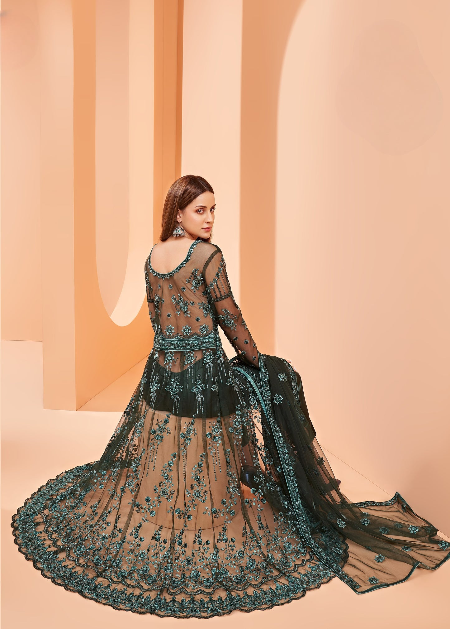 Dark Seaweed Green Heavy Embroidered Net Anarkali Gown