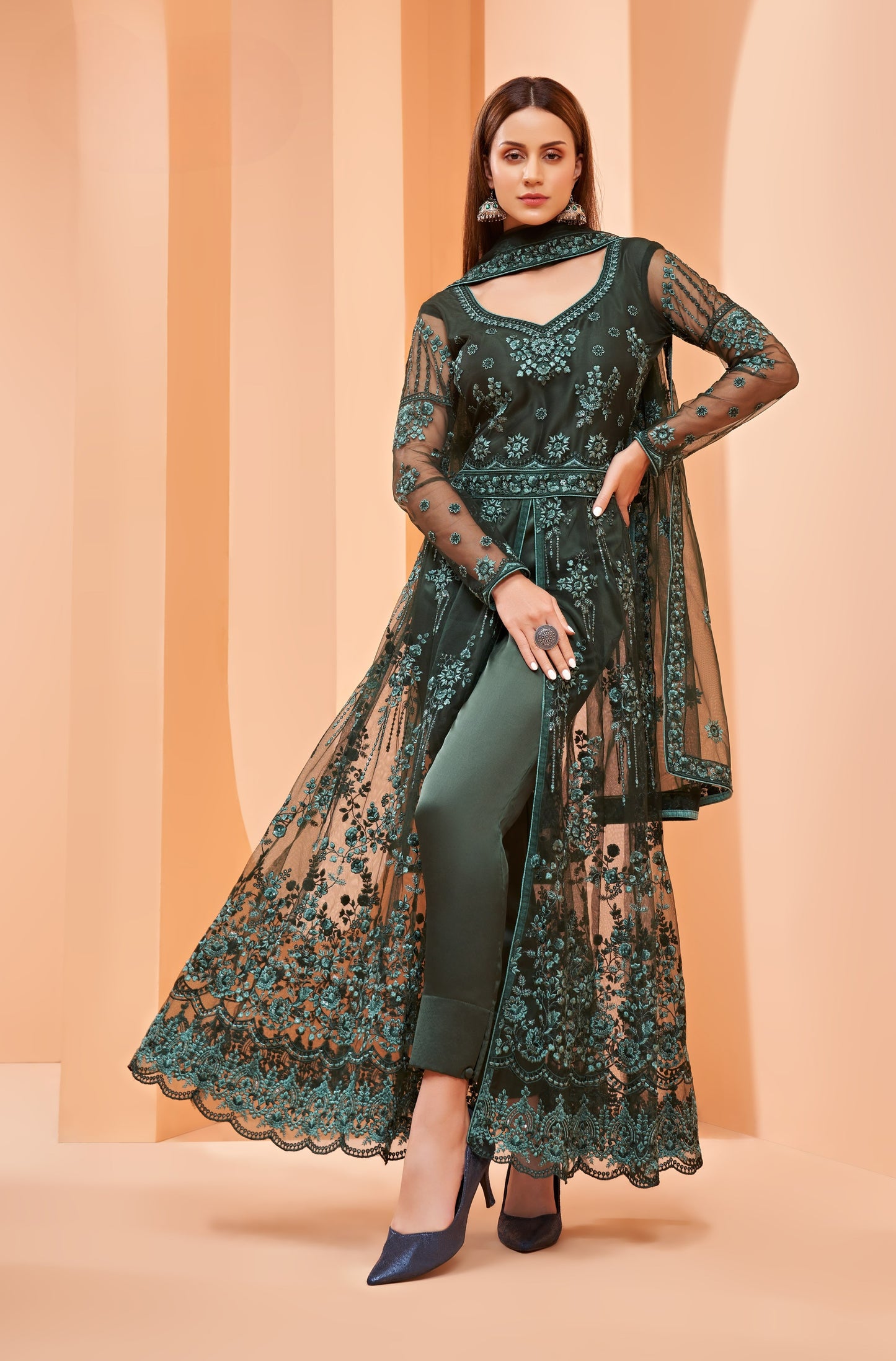 Dark Seaweed Green Heavy Embroidered Net Anarkali Gown