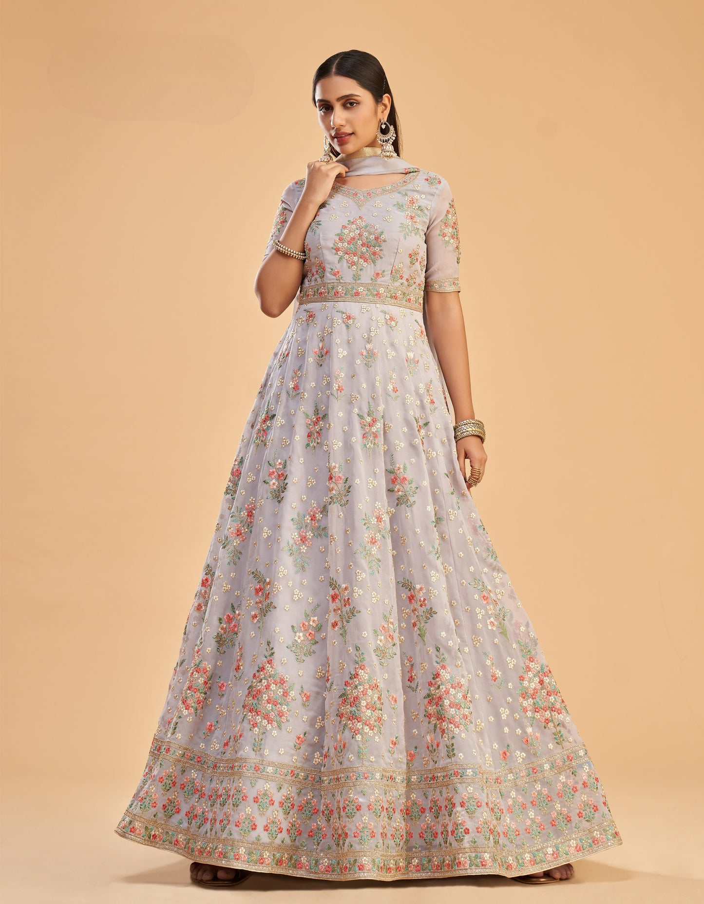 Light Lavender Embroidered Georgette Anarkali Gown