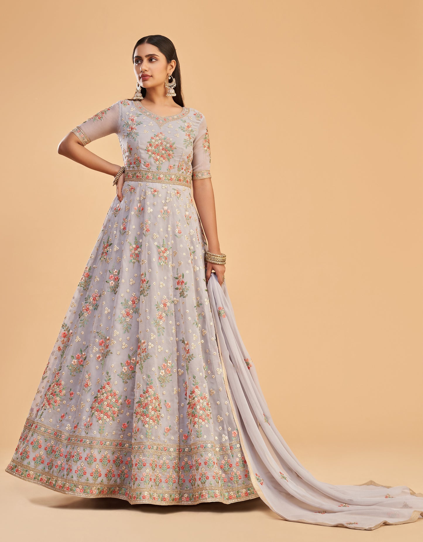 Light Lavender Embroidered Georgette Anarkali Gown