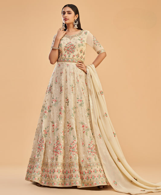 Pale Yellow Embroidered Georgette Anarkali Gown