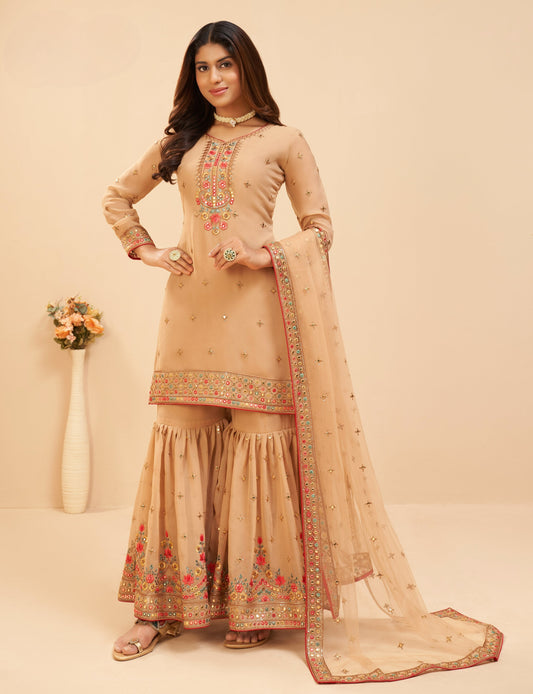 Golden Brown Embroidered Georgette Sharara Set