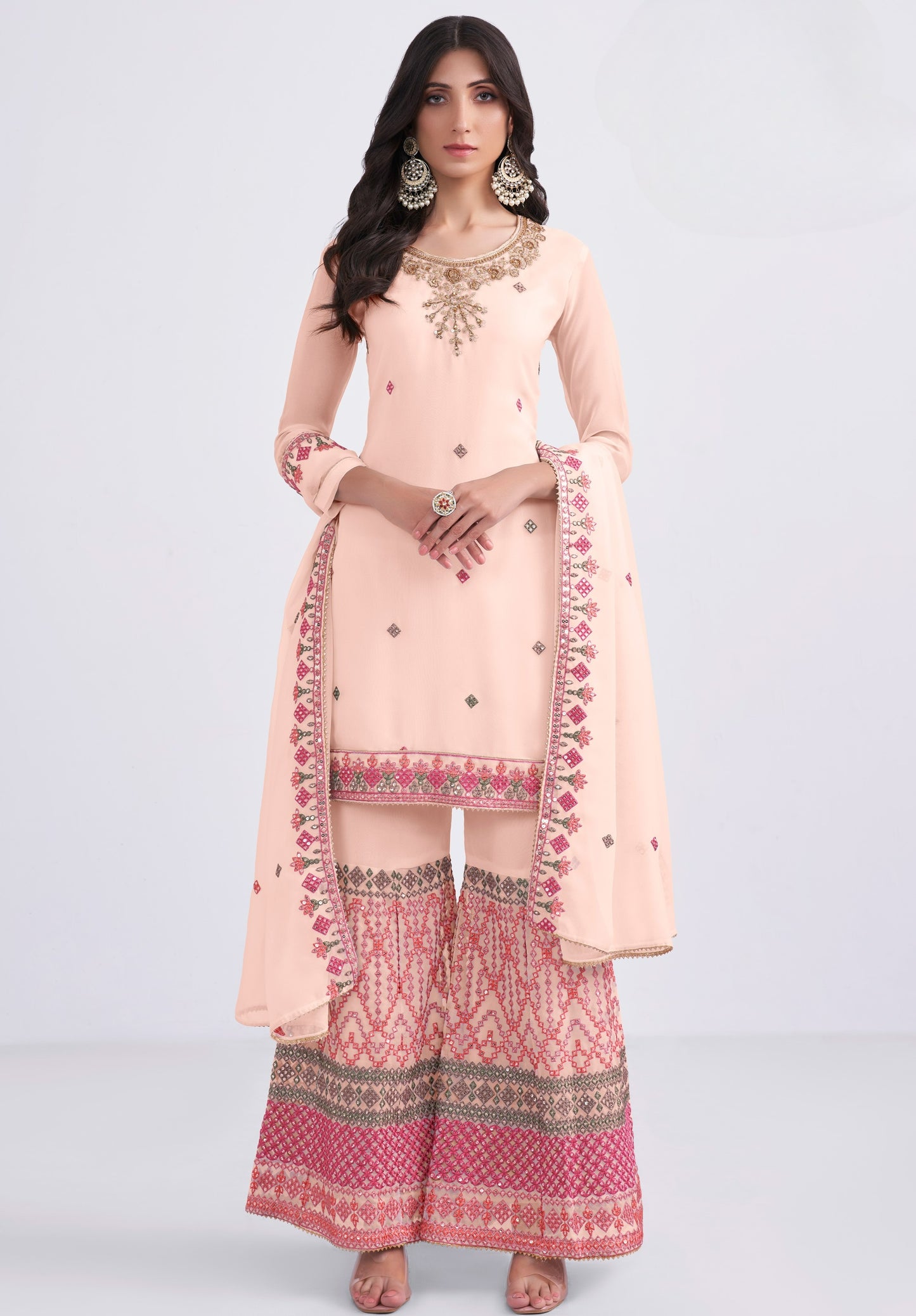 Coral Peach Embroidered Georgette Sharara Suit